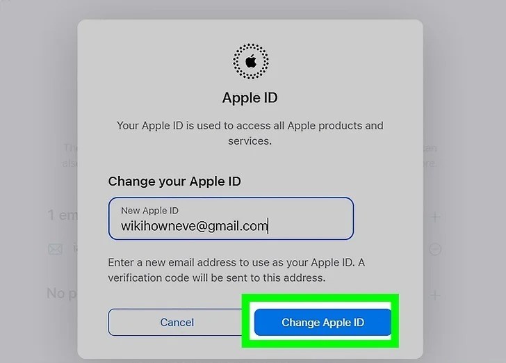 Bước 4: Nhập địa chỉ email mới=> chọn “Thay đổi ID Apple”.